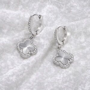 18k Gold Plated Silver Clover Drop Earrings with Crystal Halo and case